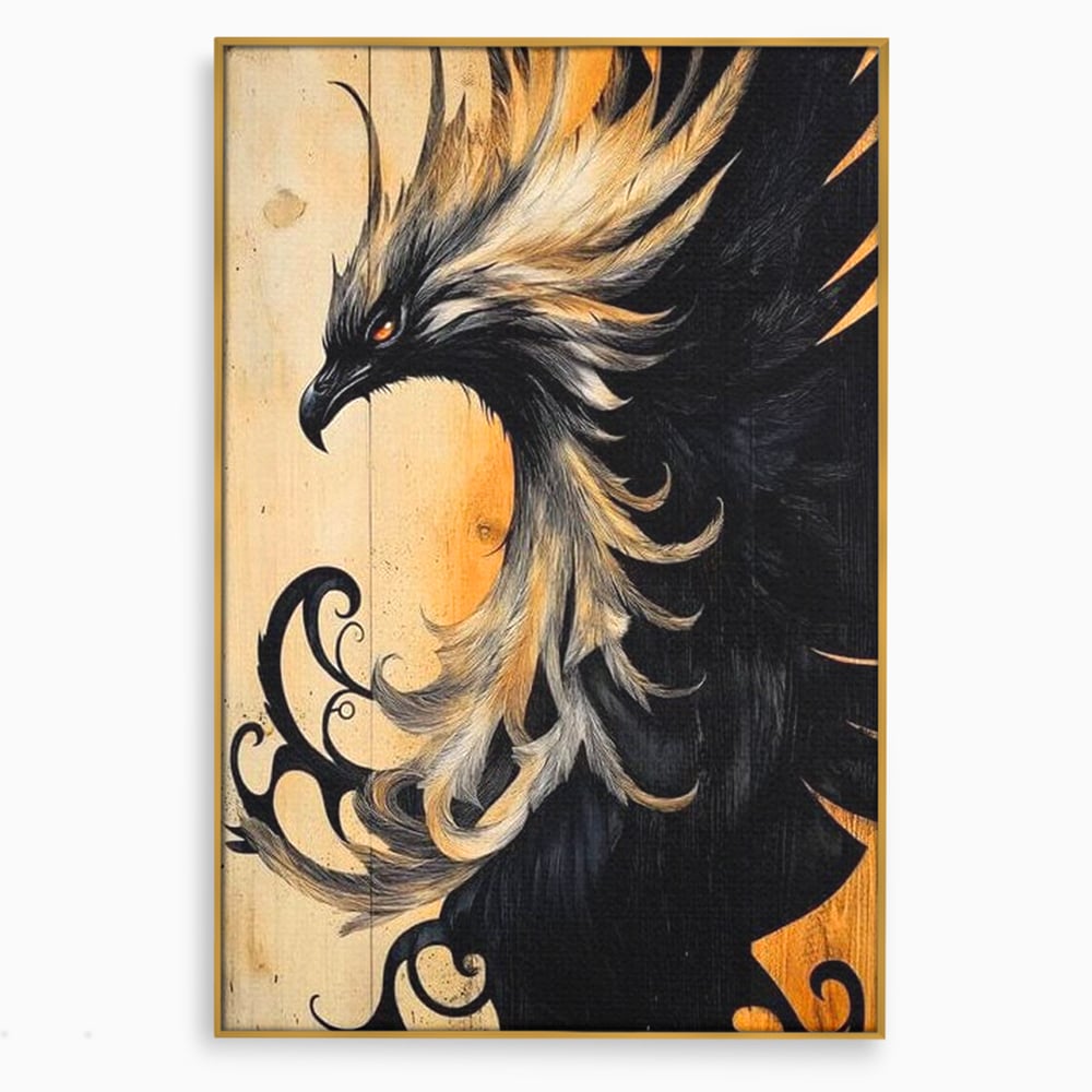 Tablou canvas cu tablou canvas cu pasare mitologica phoenix, in rama de aluminiu auriu